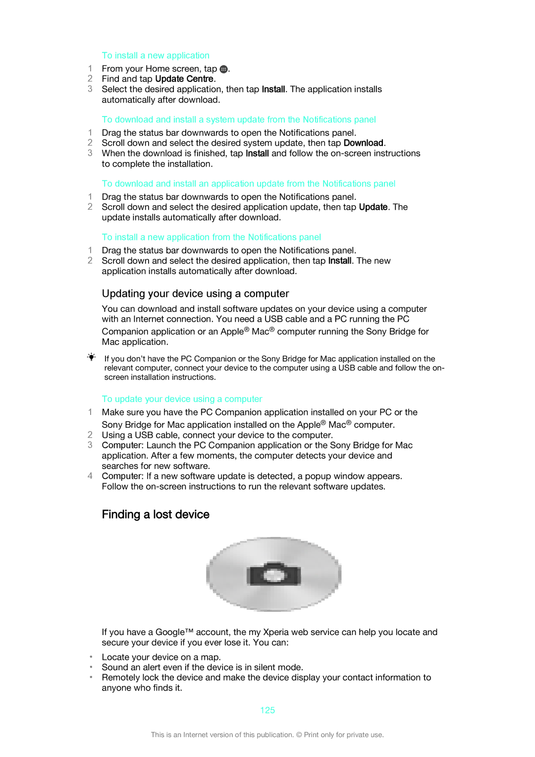 Sony D6603, D6653 manual Finding a lost device, Updating your device using a computer 