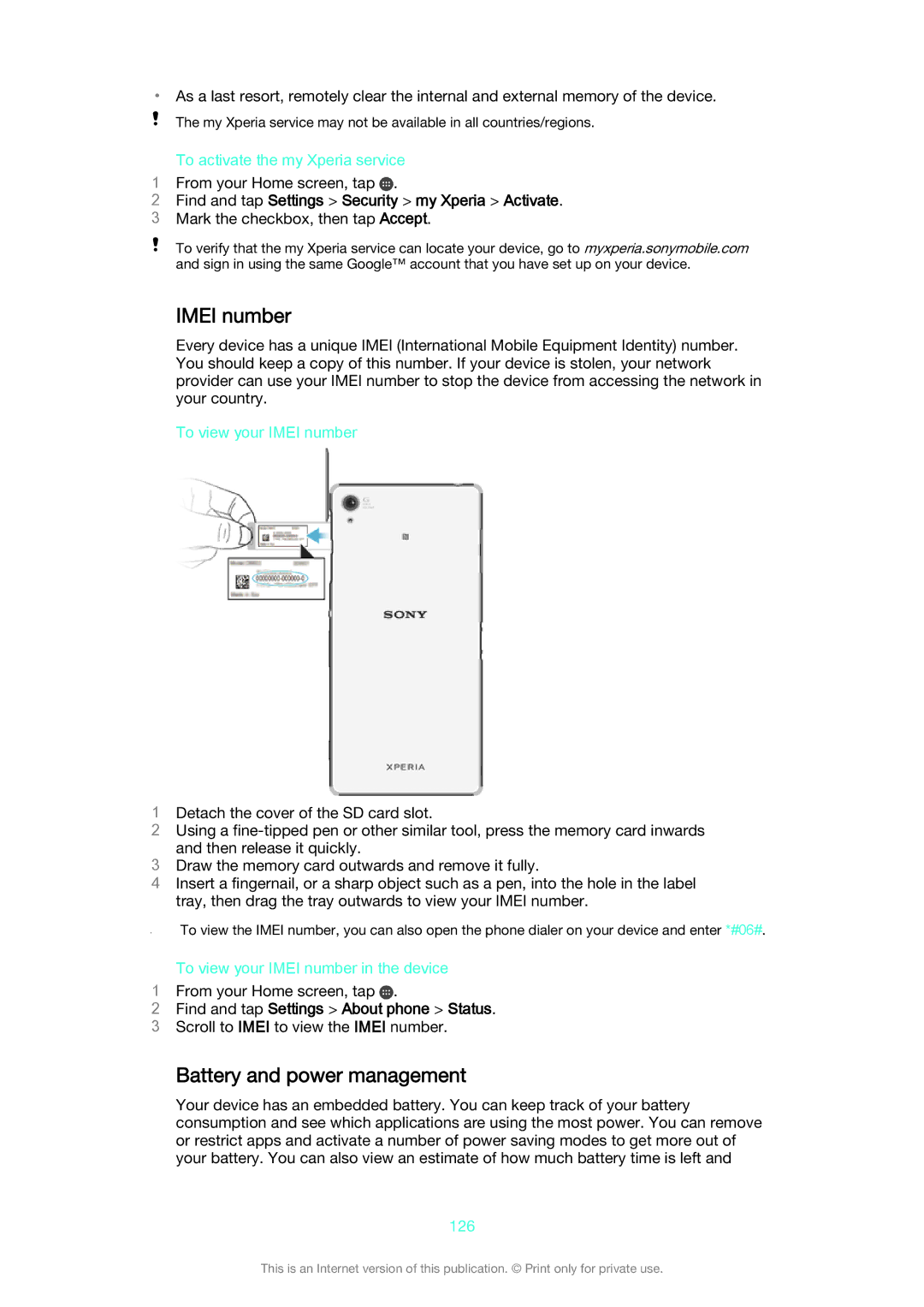 Sony D6653, D6603 manual Imei number, Battery and power management, Find and tap Settings Security my Xperia Activate 