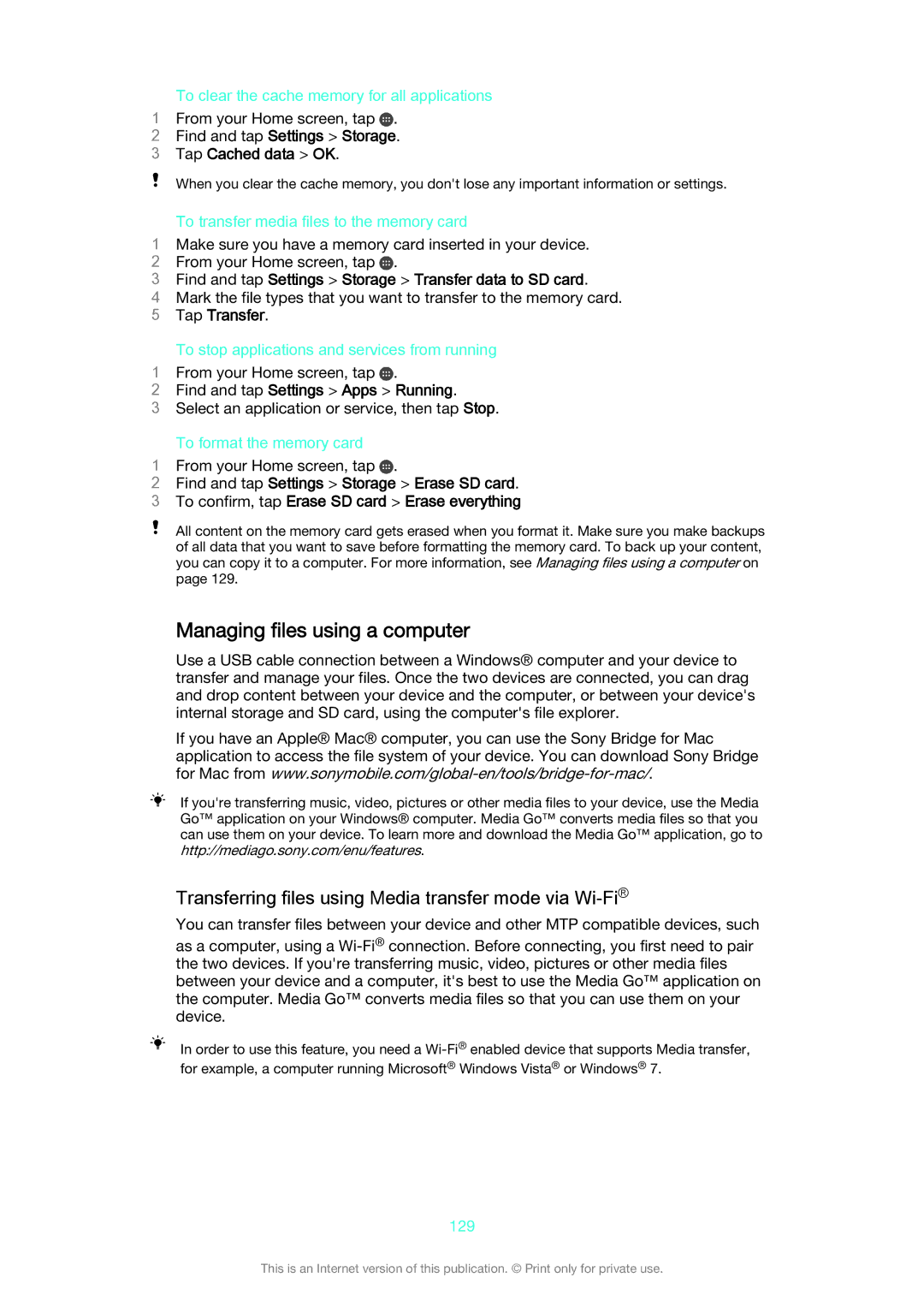 Sony D6603, D6653 manual Managing files using a computer, Transferring files using Media transfer mode via Wi-Fi 