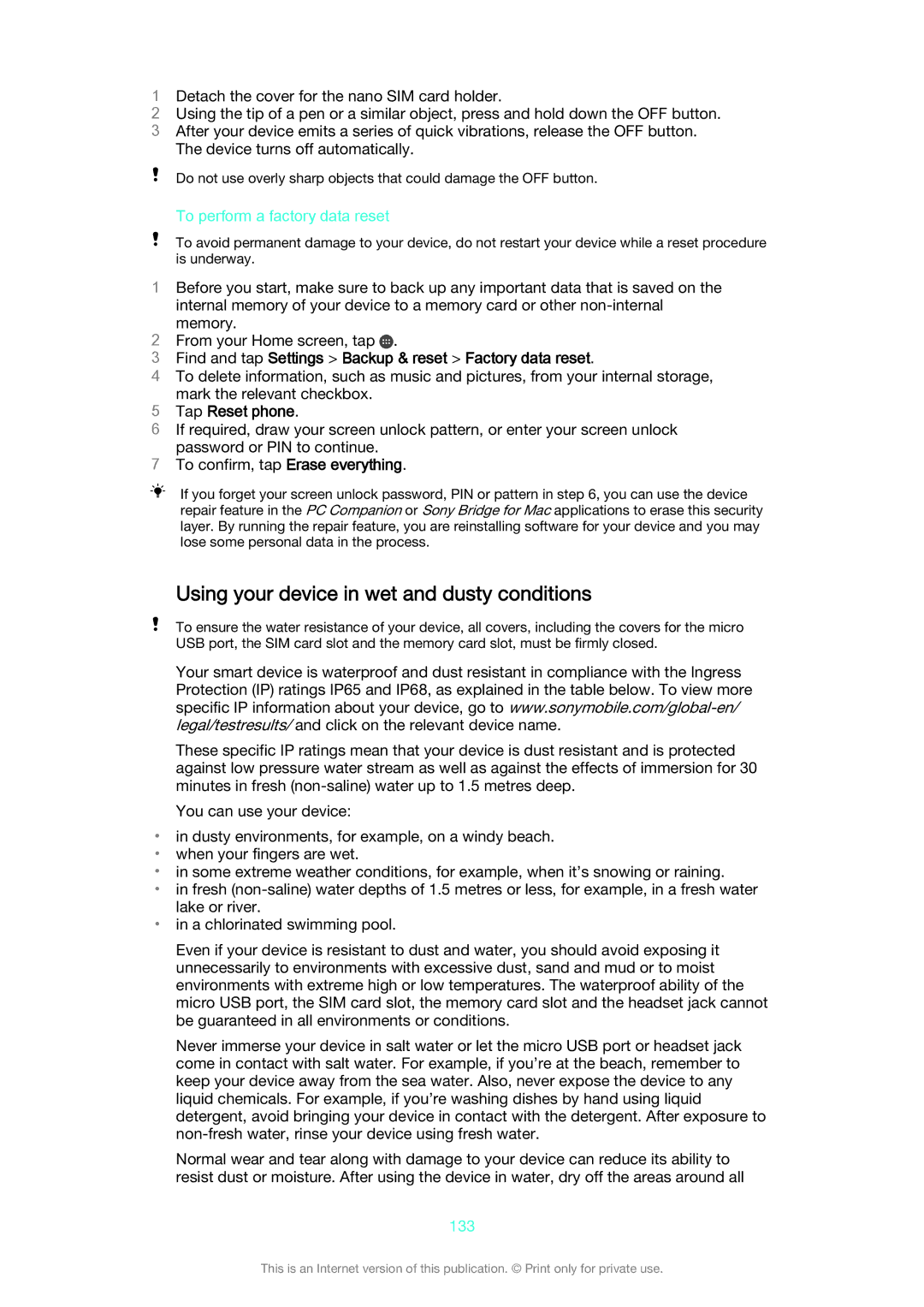 Sony D6603, D6653 Using your device in wet and dusty conditions, To perform a factory data reset, Tap Reset phone, 133 