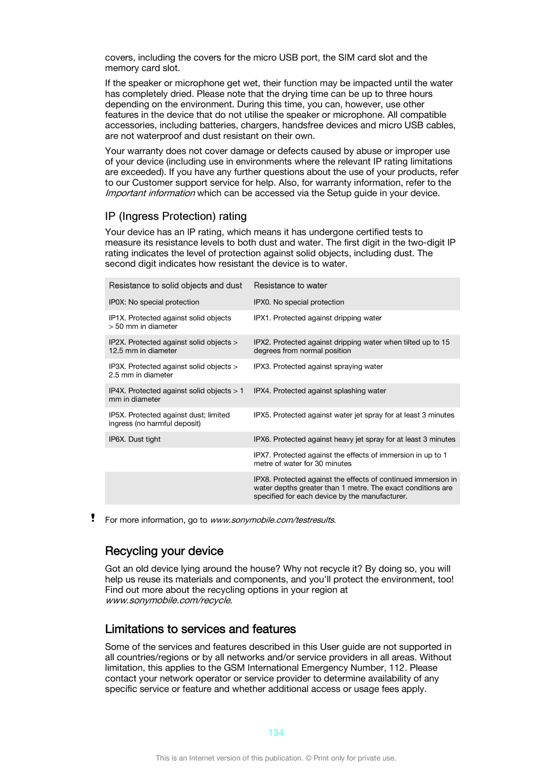 Sony D6653, D6603 manual Recycling your device Limitations to services and features, IP Ingress Protection rating, 134 