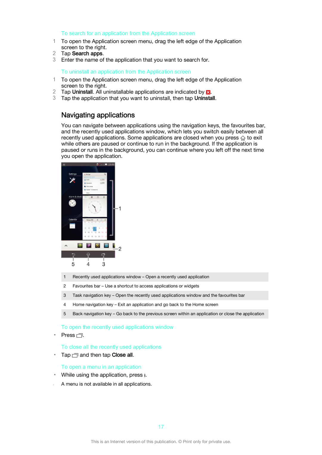 Sony D6603, D6653 manual Navigating applications, Tap Search apps 