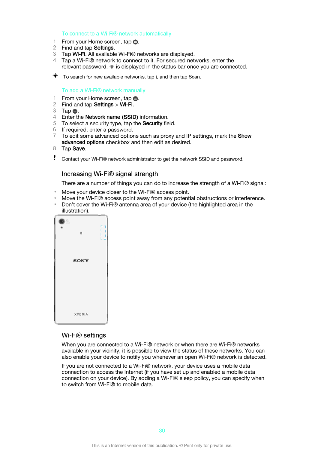 Sony D6653, D6603 manual Increasing Wi-Fi signal strength, Wi-Fi settings, To connect to a Wi-Fi network automatically 