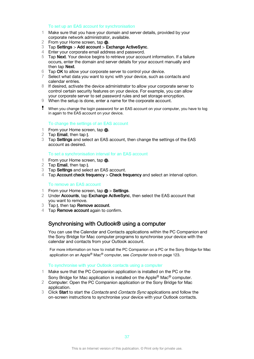 Sony D6603, D6653 manual Synchronising with Outlook using a computer, Tap Settings Add account Exchange ActiveSync 