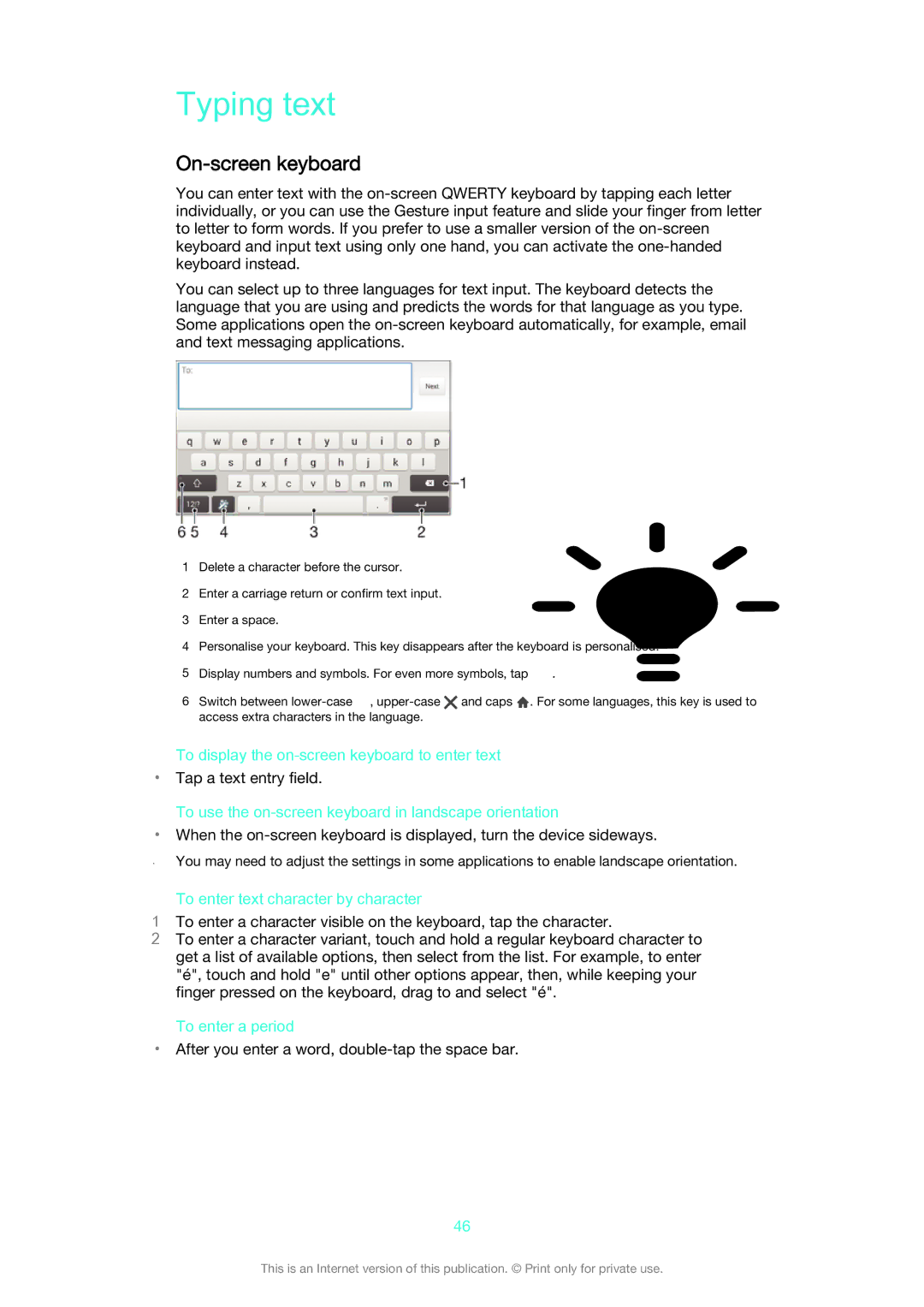 Sony D6653, D6603 manual Typing text, On-screen keyboard 