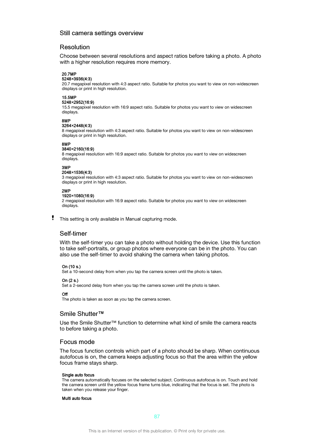 Sony D6603, D6653 manual Still camera settings overview Resolution, Self-timer, Smile Shutter, Focus mode 