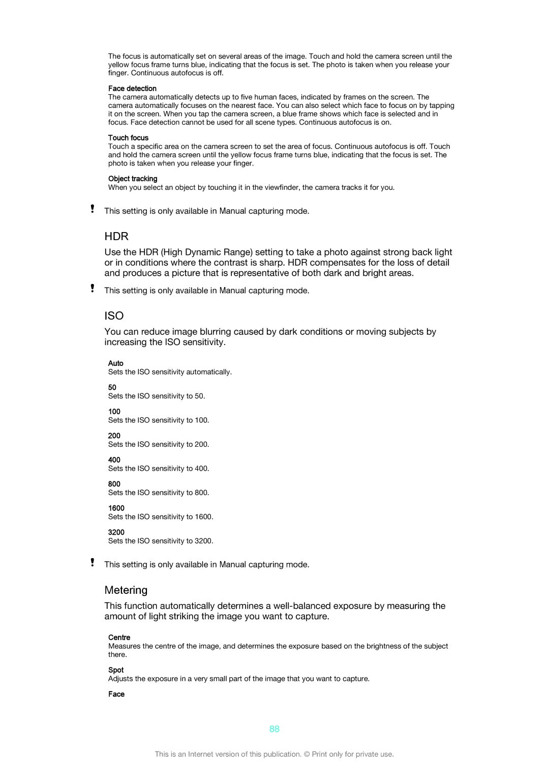 Sony D6653, D6603 manual Metering, Face detection 