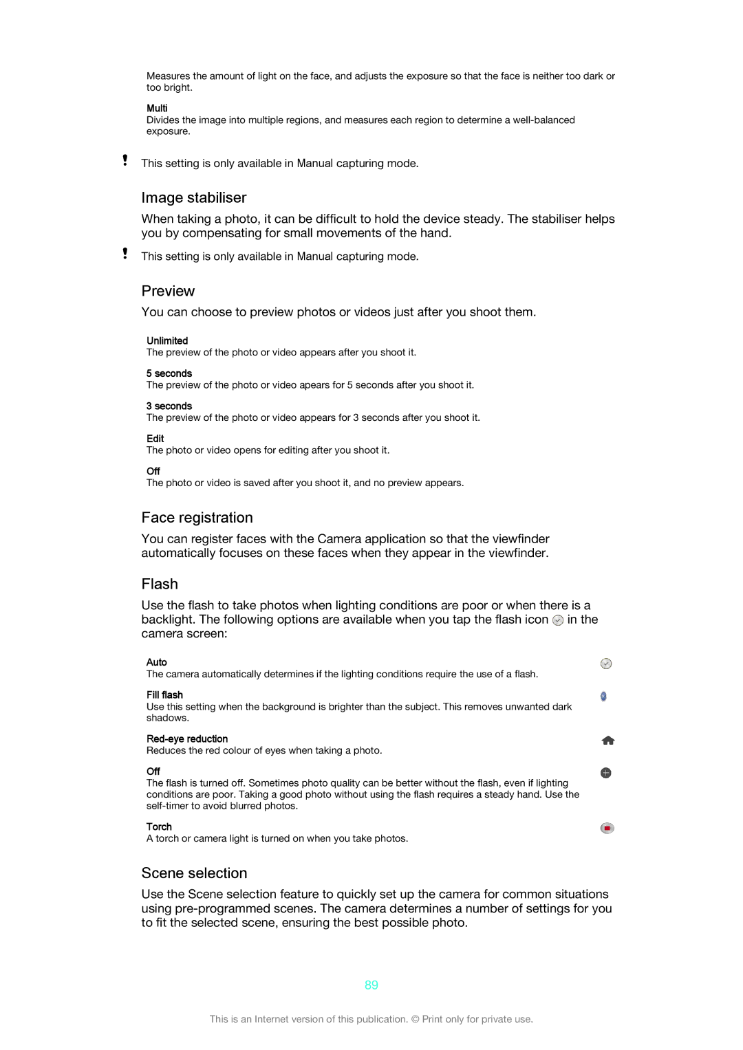 Sony D6603, D6653 manual Image stabiliser, Preview, Face registration, Flash, Scene selection 