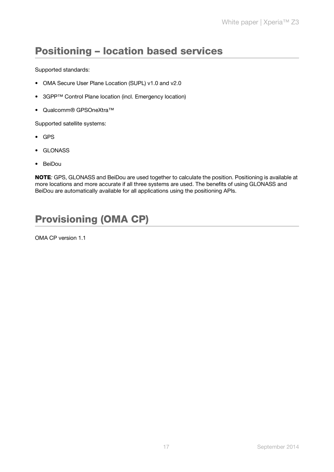 Sony D6643, D6653, D6633, D6616, D6603 manual Positioning location based services, Provisioning OMA CP, GPS Glonass 