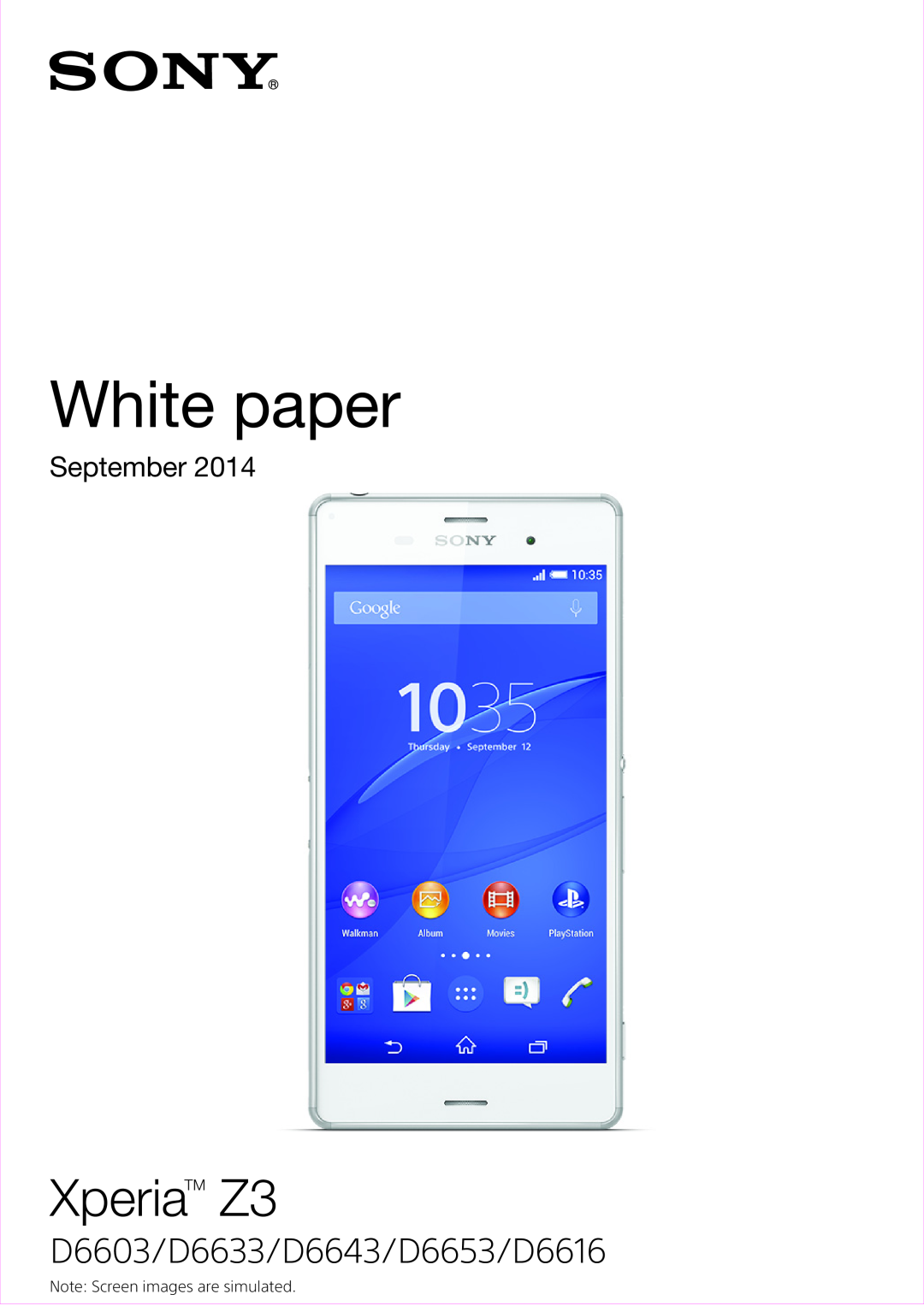 Sony manual White paper, XperiaTM Z3, D6603/D6633/D6643/D6653/D6616, September 