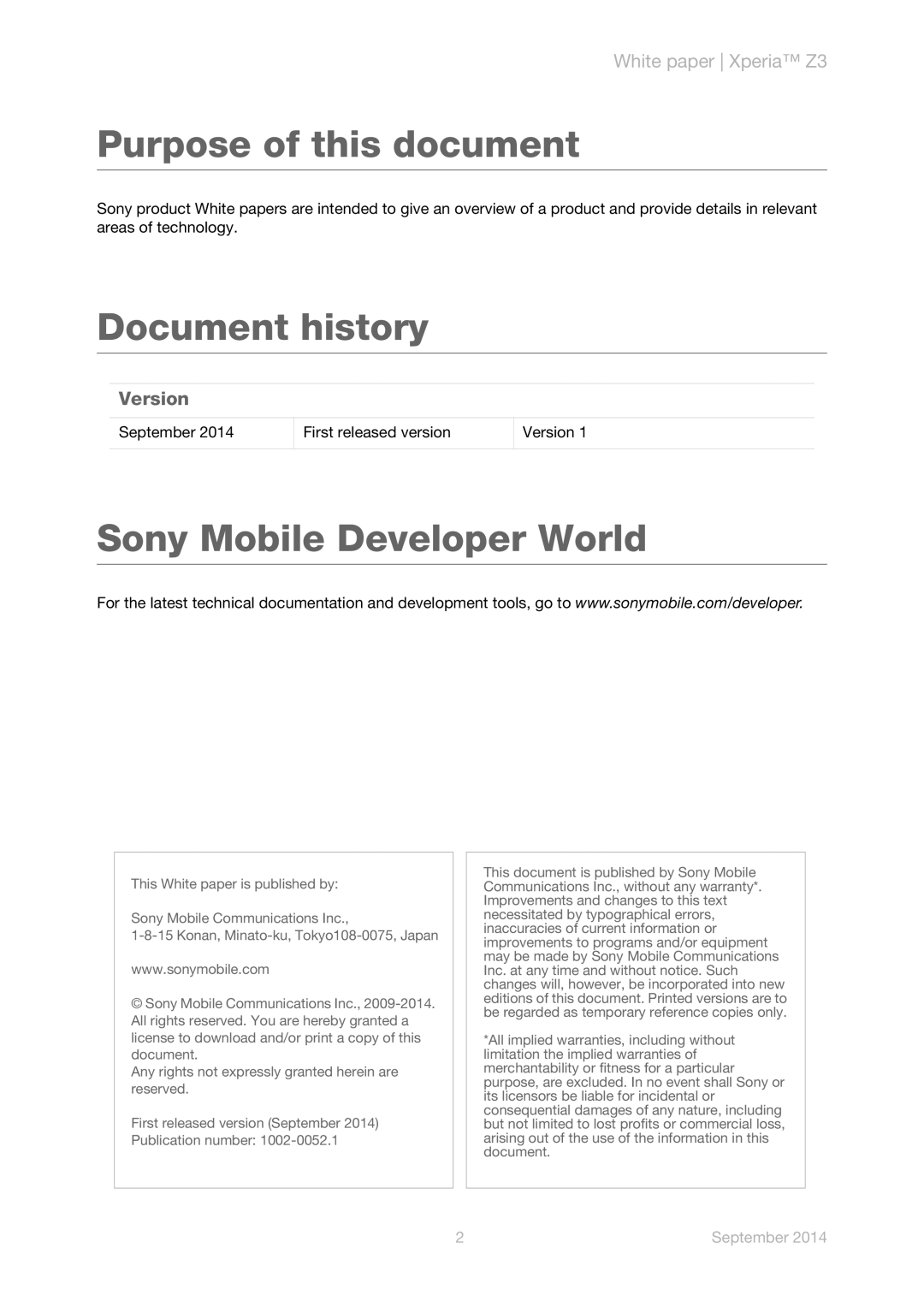 Sony D6616, D6653, D6633, D6603, D6643 White paper Xperia Z3, Version, September, Purpose of this document, Document history 