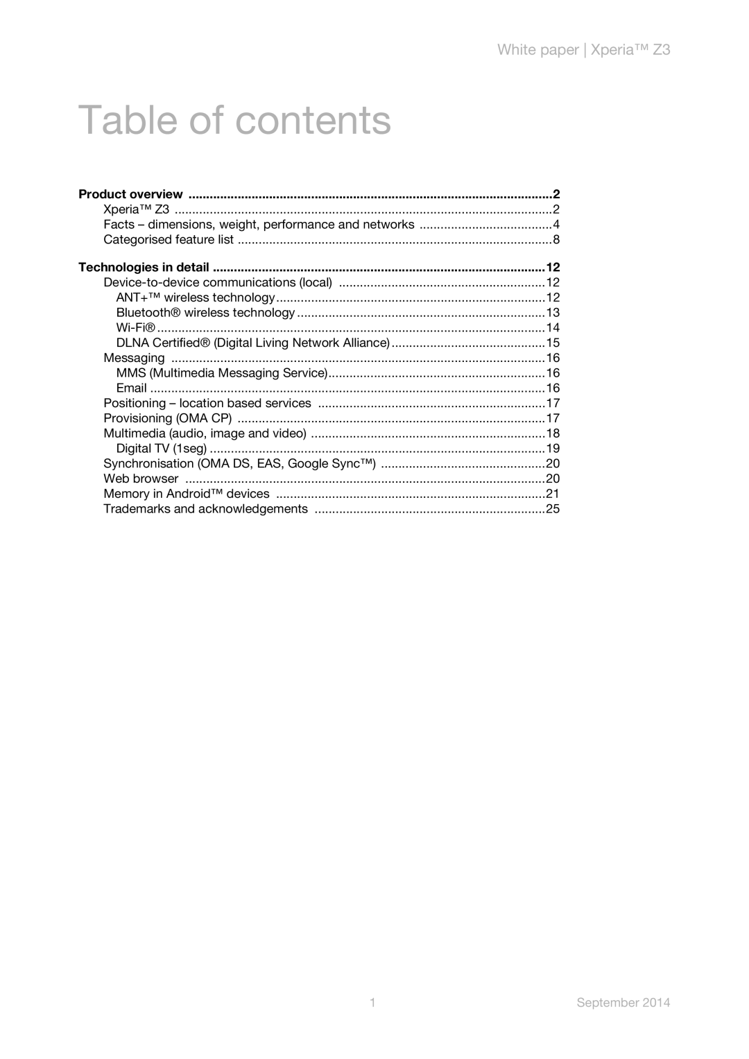 Sony D6603, D6653, D6633, D6616, D6643 manual Table of contents, White paper Xperia Z3, September 