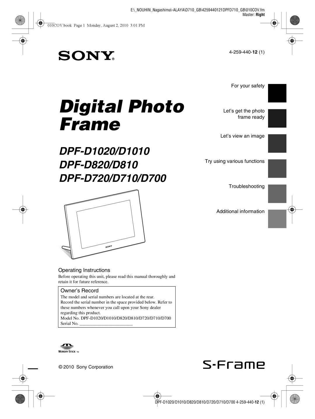 Sony D810 DPF-D720 operating instructions Operating Instructions, Owner’s Record 