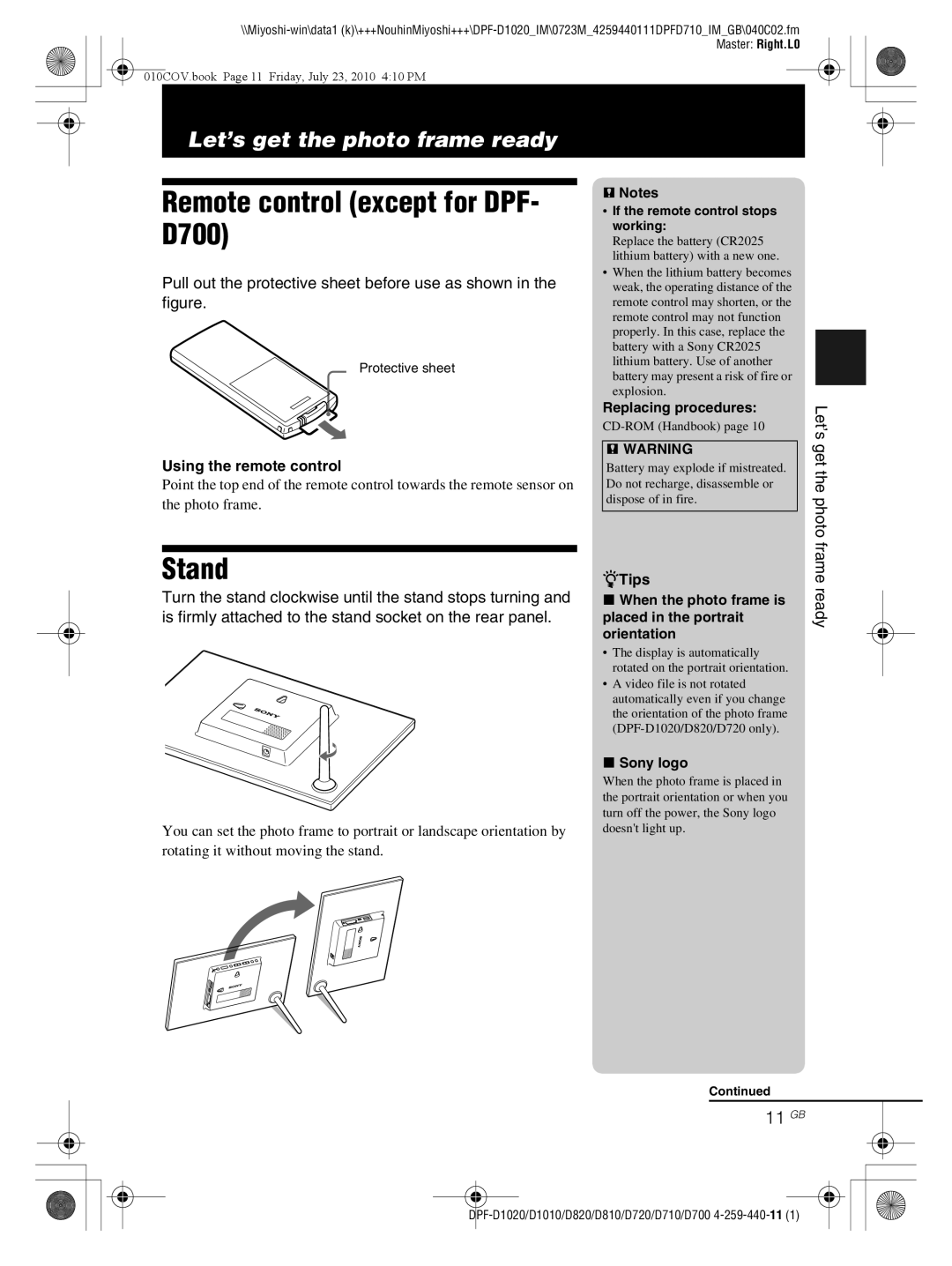 Sony D810 DPF-D720 operating instructions Remote control except for DPF- D700, Stand, 11 GB 