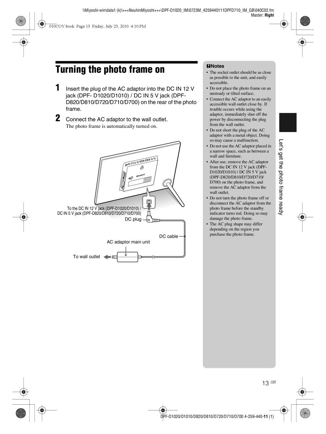 Sony D810 DPF-D720 operating instructions Turning the photo frame on, 13 GB, Let’s get the photo frame ready 