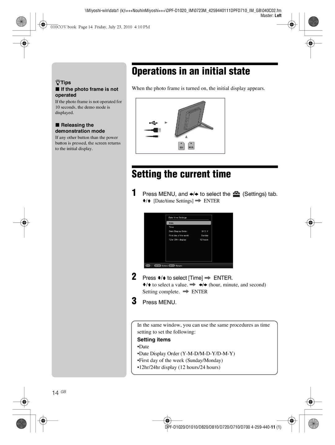 Sony D810 DPF-D720 operating instructions Operations in an initial state, Setting the current time, 14 GB 