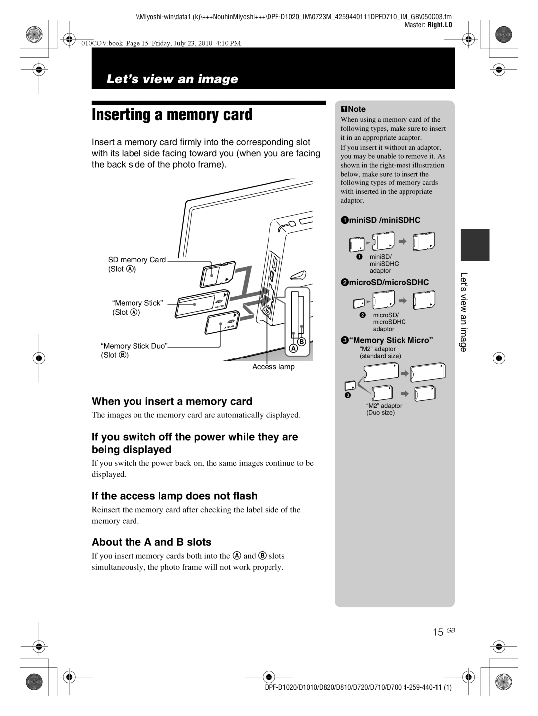 Sony D810 DPF-D720 Inserting a memory card, When you insert a memory card, If the access lamp does not flash 