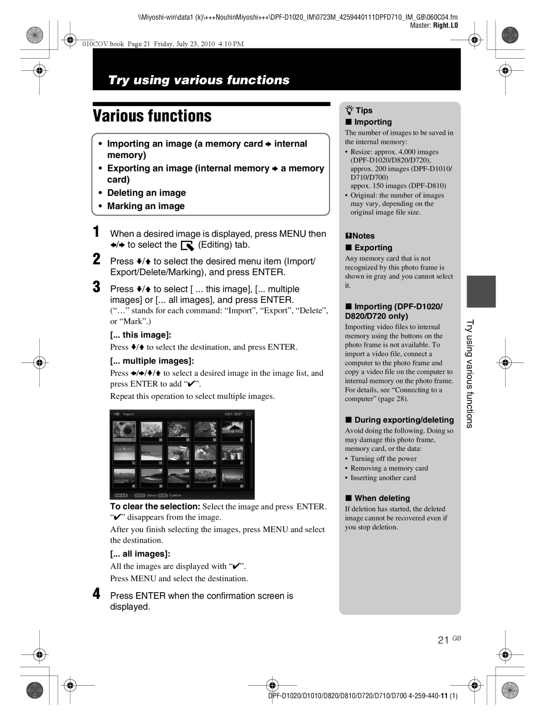 Sony D810 DPF-D720 operating instructions Various functions, 21 GB 