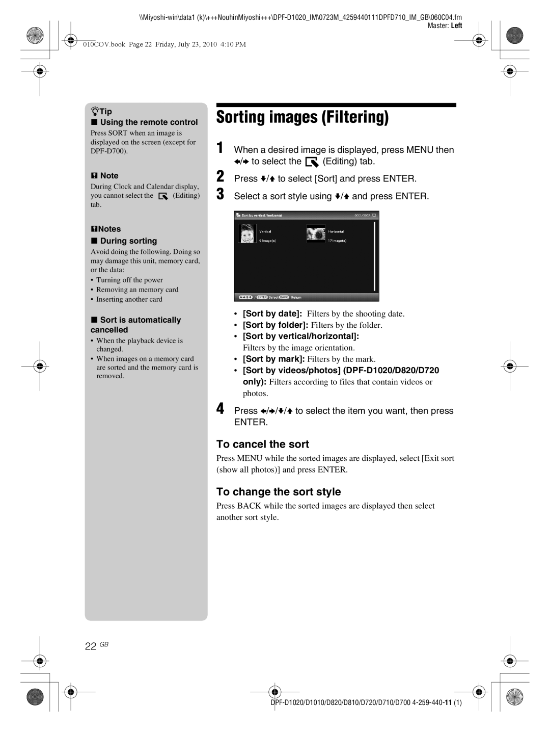 Sony D810 DPF-D720 operating instructions Sorting images Filtering, To cancel the sort, To change the sort style, 22 GB 