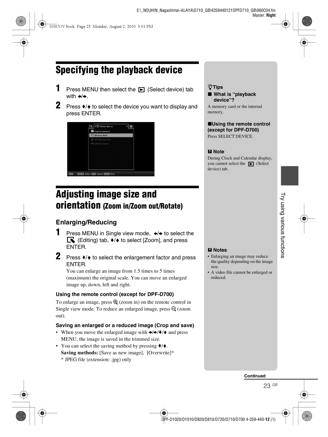 Sony D810 DPF-D720 Specifying the playback device, Adjusting image size, Orientation Zoom in/Zoom out/Rotate, 23 GB 