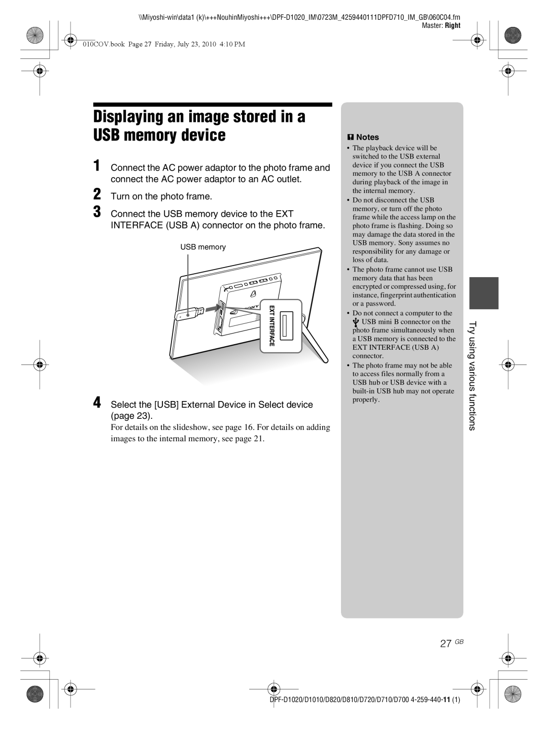 Sony D810 DPF-D720 operating instructions Displaying an image stored in a USB memory device, 27 GB, Try 