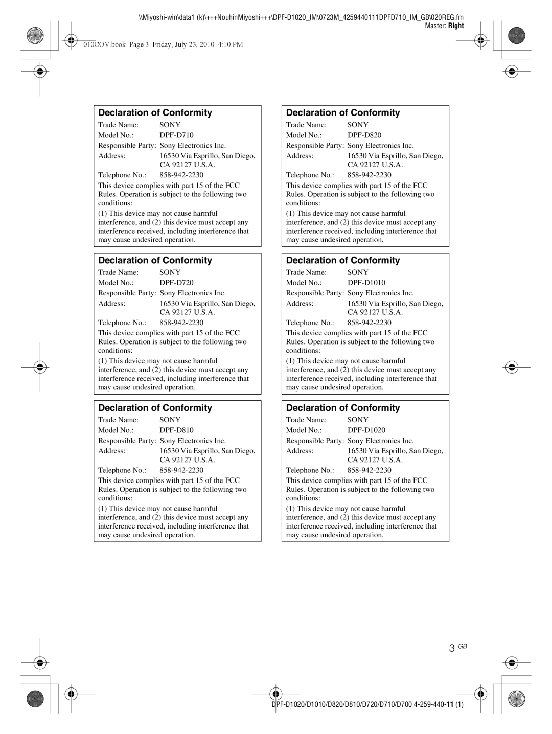 Sony D810 DPF-D720 operating instructions 010COV.book Page 3 Friday, July 23, 2010 410 PM 