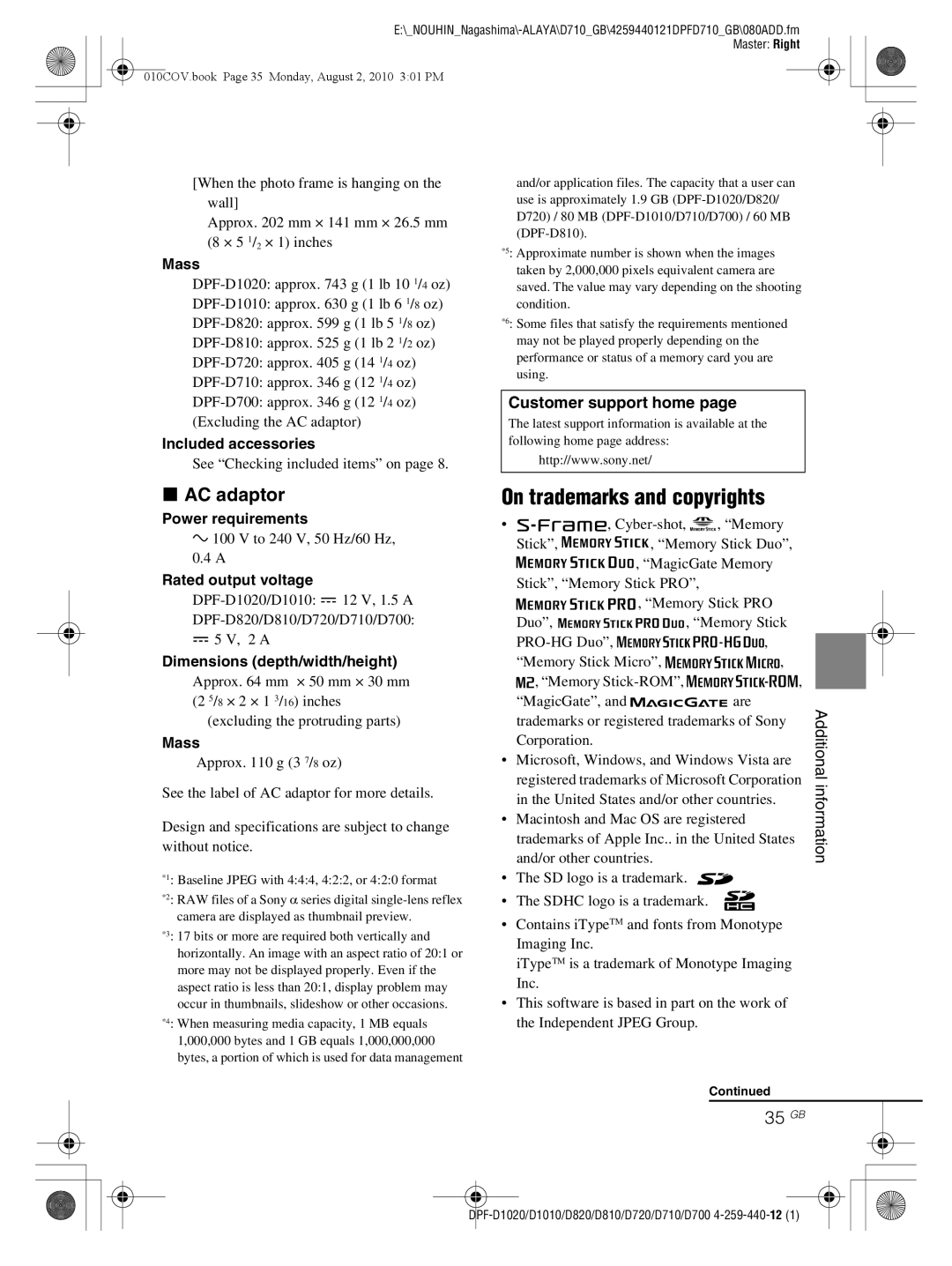 Sony D810 DPF-D720 operating instructions On trademarks and copyrights, AC adaptor 