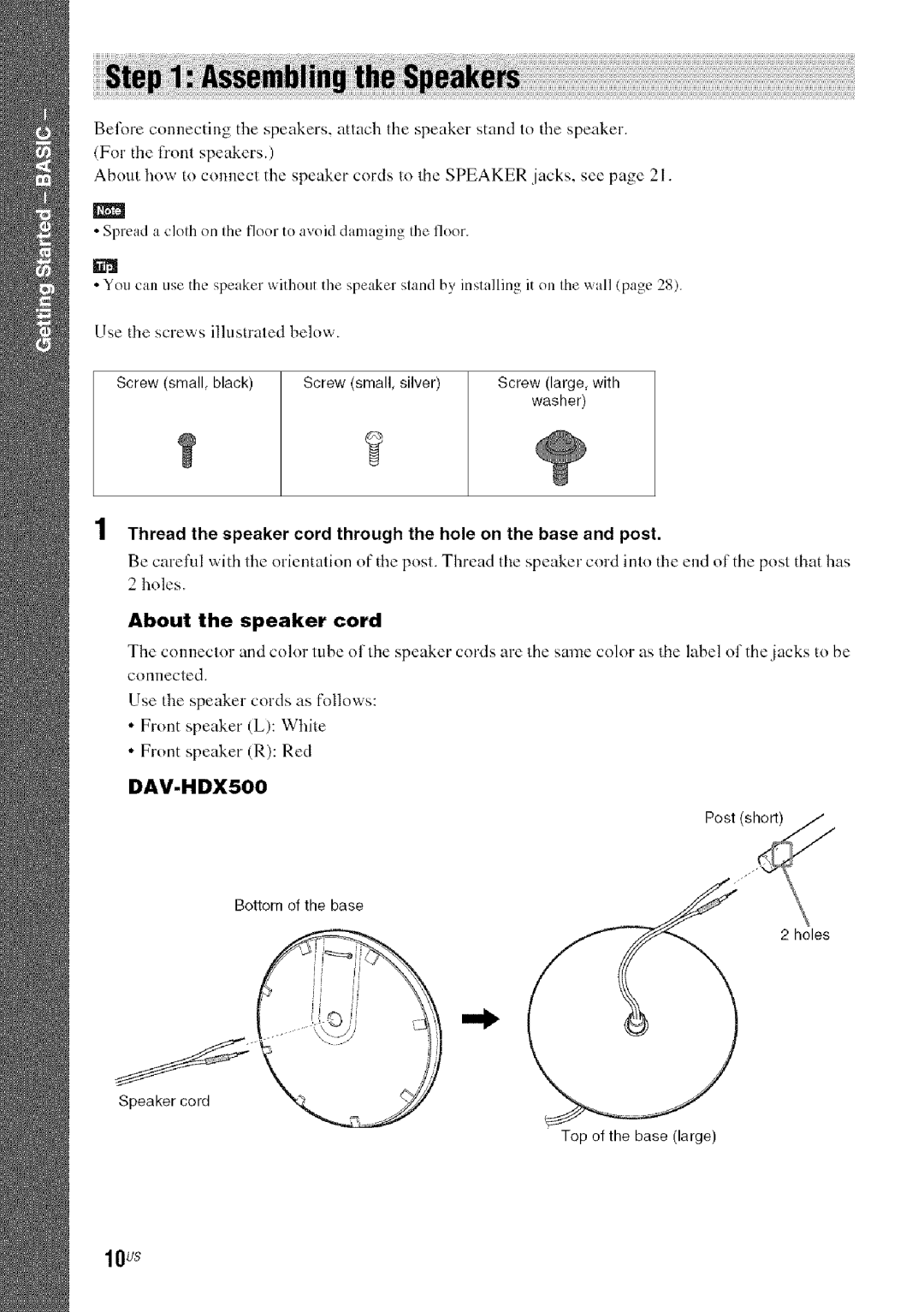 Sony DA V-HDX5OO operating instructions Screw small, silver Screw large, with Washer, About the speaker cord, Speaker cord 