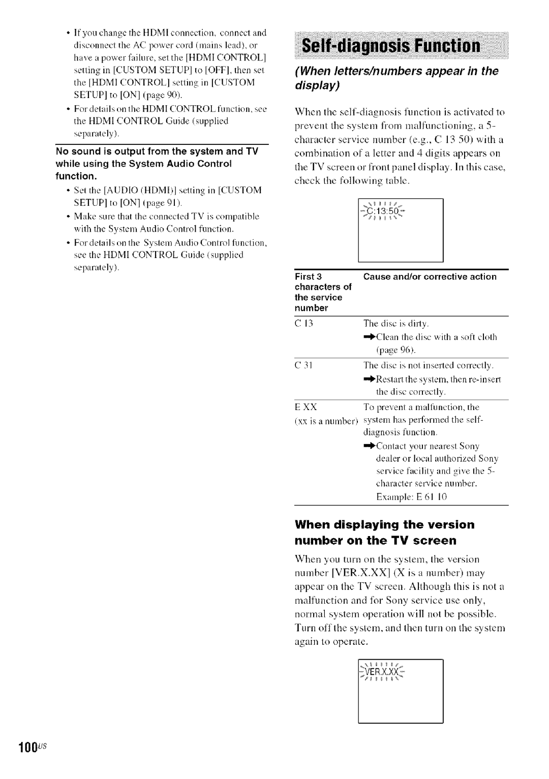 Sony DA V-HDX5OO 100Us, Cause and/or corrective action, When displaying the version Number on the TV screen, First 