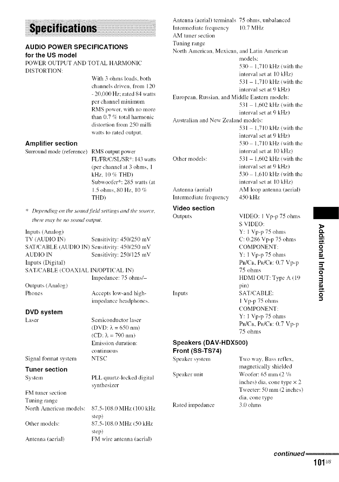 Sony DA V-HDX5OO operating instructions 101us, DVD system, Video section, Pin, Front SS-TS74 