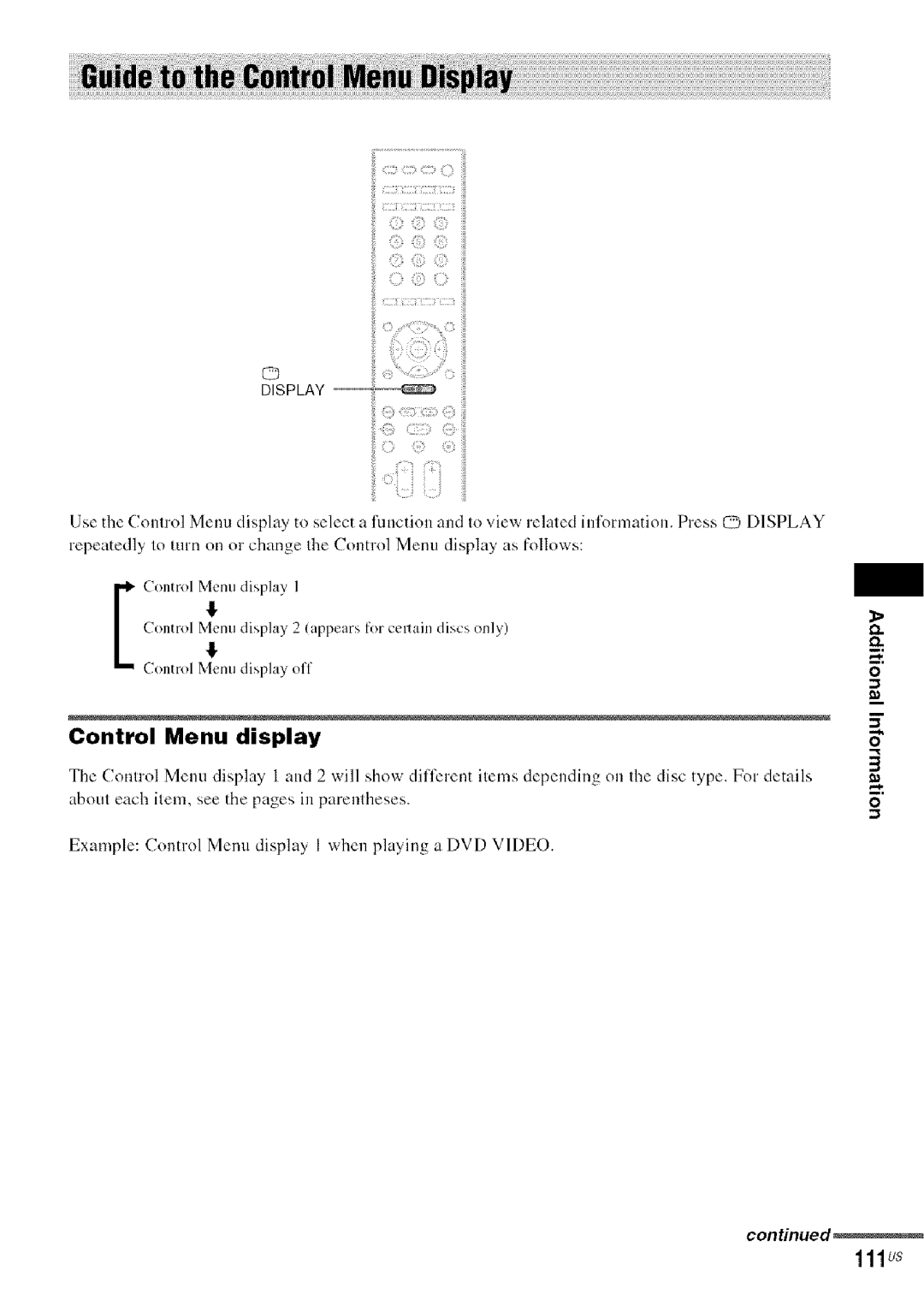 Sony DA V-HDX5OO operating instructions Control Menu Display, 111us 