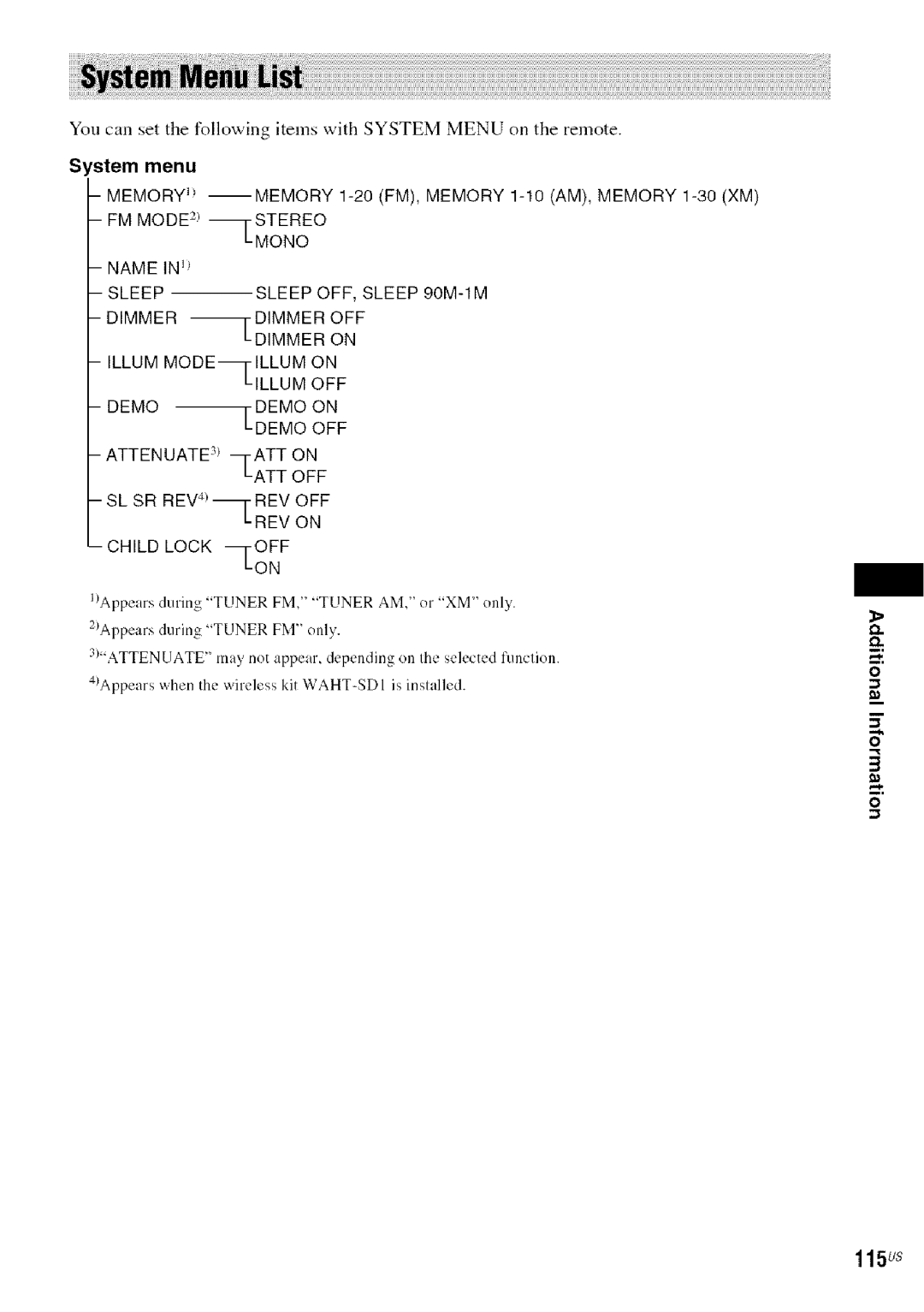 Sony DA V-HDX5OO operating instructions 115Us, Memory j --MEMORY 1-20 FM, MEMORY1-10 AM, MEMORY1-30 XM, Name in j 