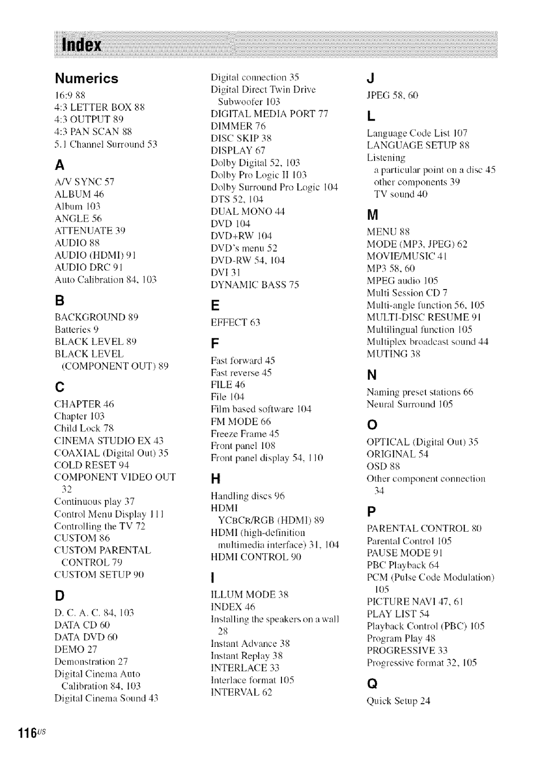 Sony DA V-HDX5OO operating instructions Numerics, 116us 