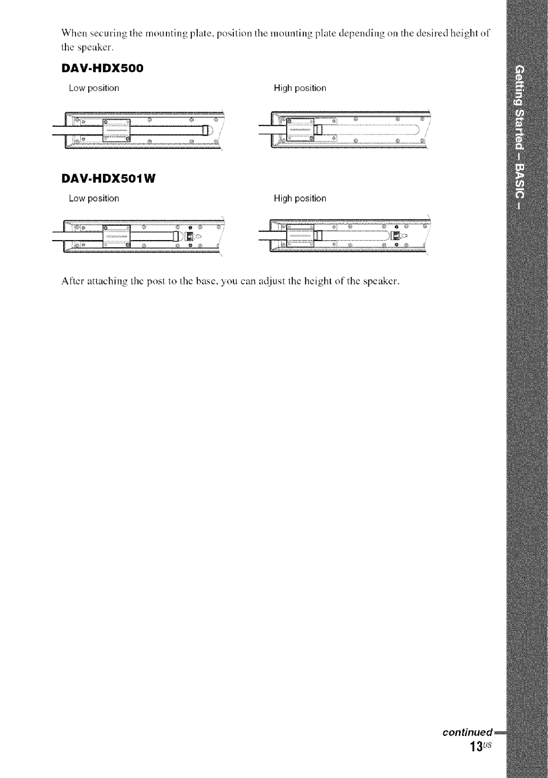 Sony DA V-HDX5OO operating instructions DAV-HDX500, DAV-HDX501 W, Low position 