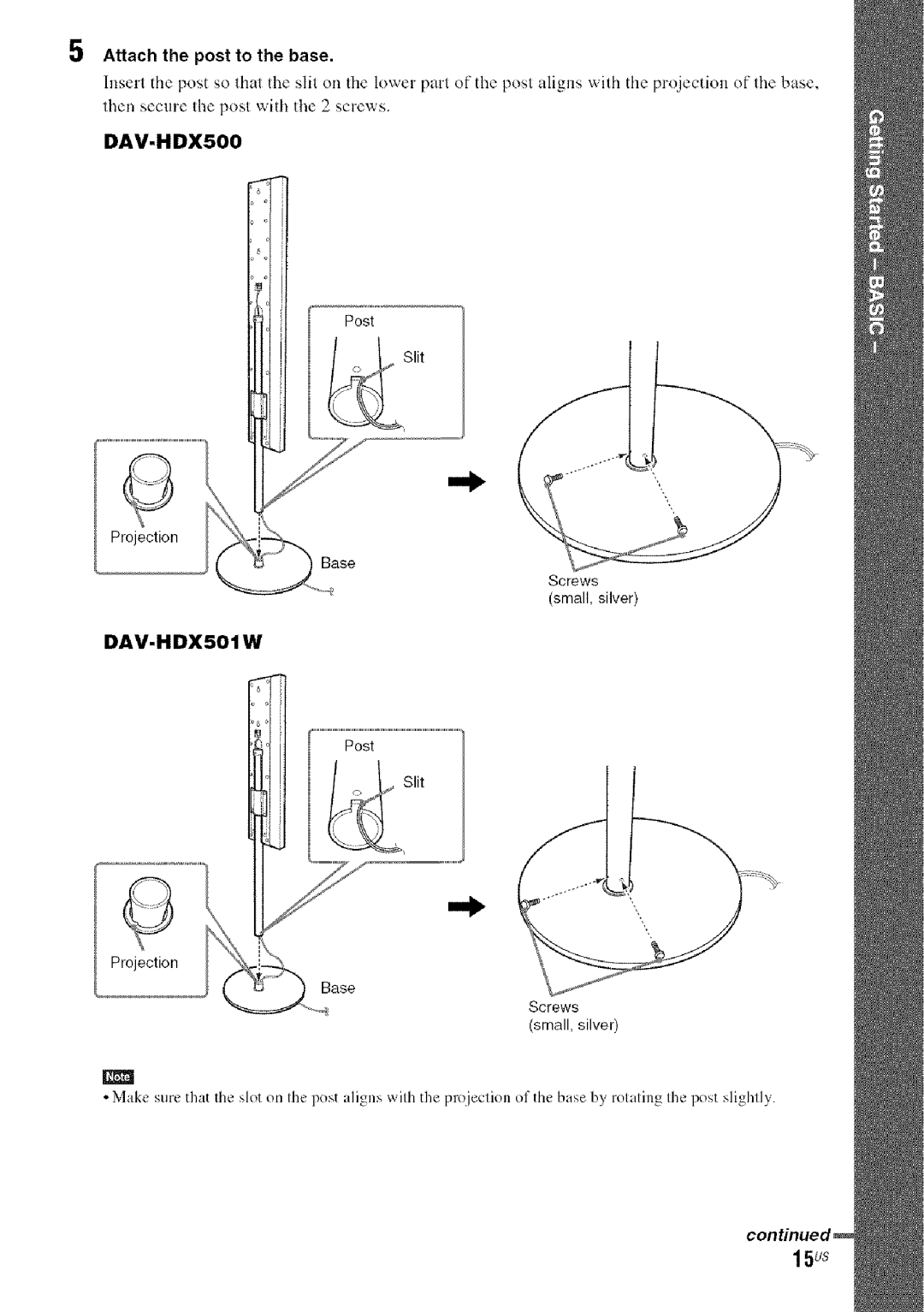 Sony DA V-HDX5OO operating instructions 15us, Attach the post to the base 