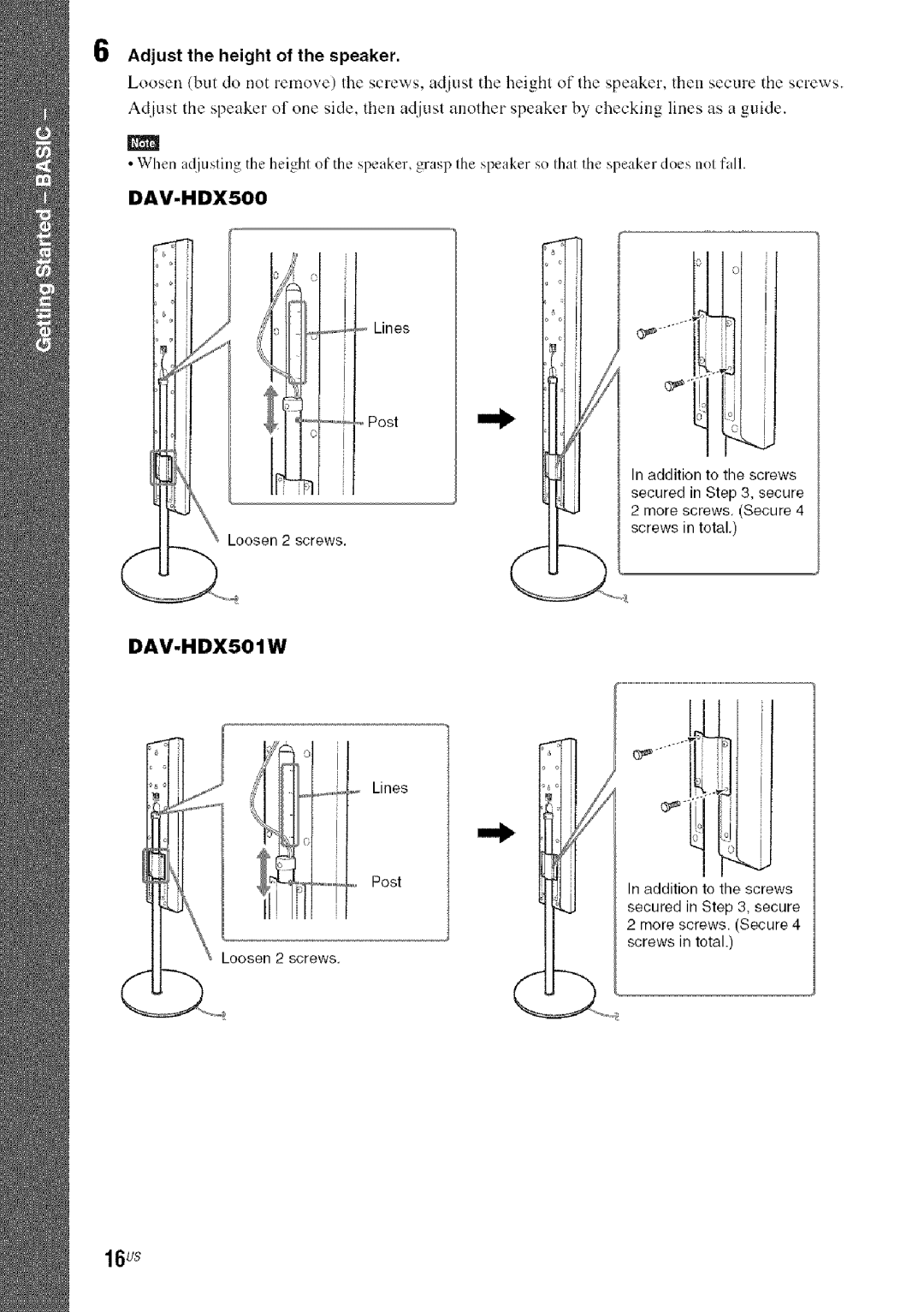 Sony DA V-HDX5OO operating instructions 16us, Adjust the height of the speaker 