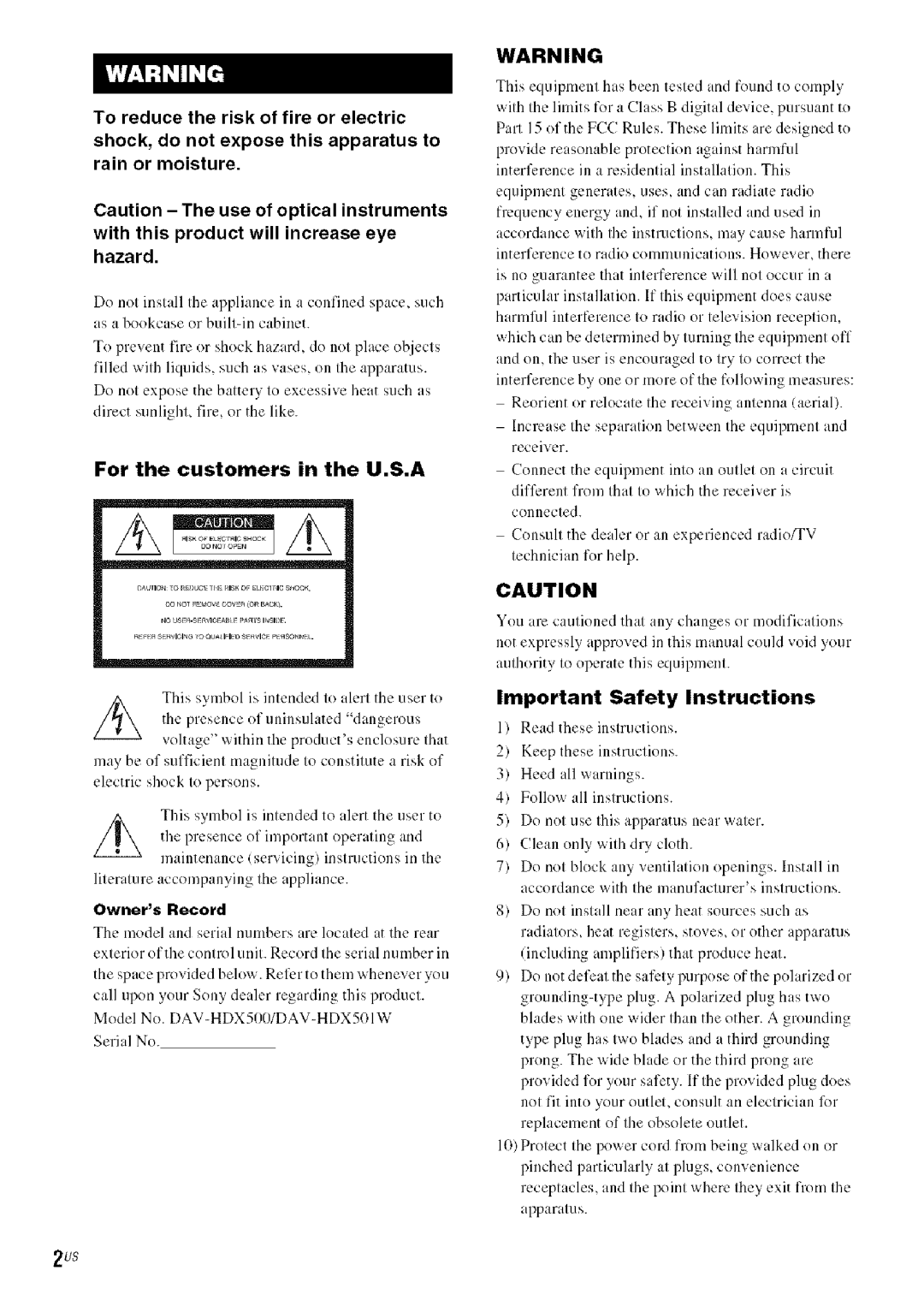 Sony DA V-HDX5OO operating instructions For the customers in the U.S.A, Important Safety Instructions 