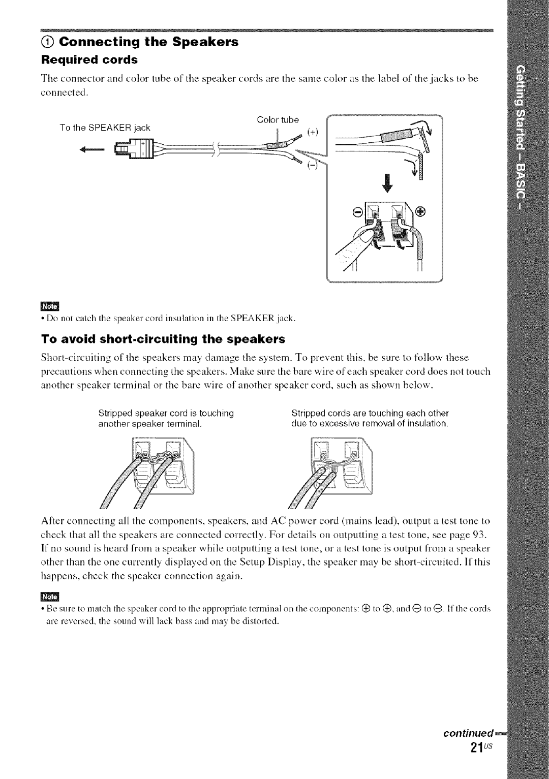 Sony DA V-HDX5OO operating instructions Connecting the Speakers, 21us, Required cords, To the Speaker jack 