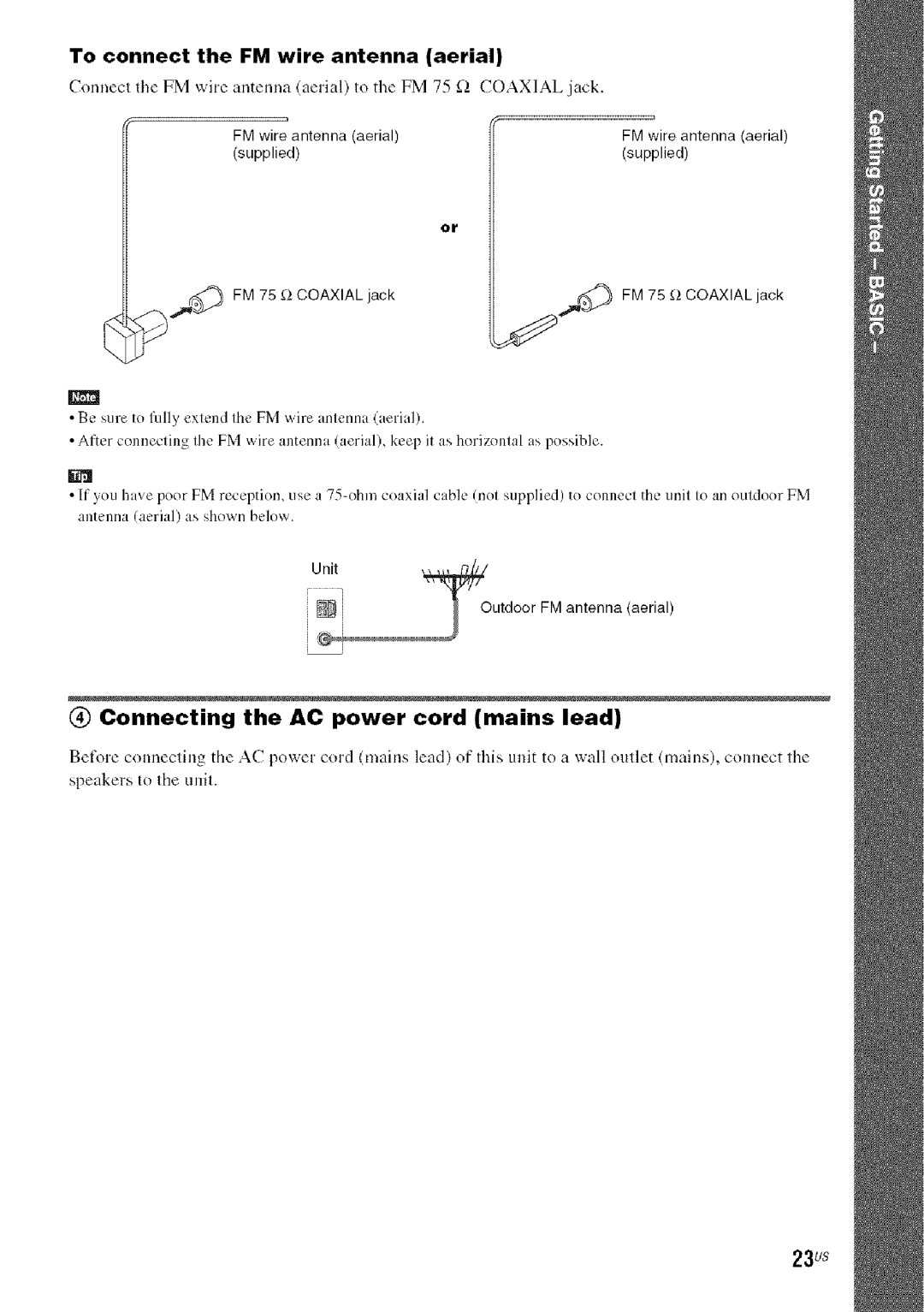 Sony DA V-HDX5OO Connecting the AC power cord mains lead, 23us, To connect the FM wire antenna aerial 