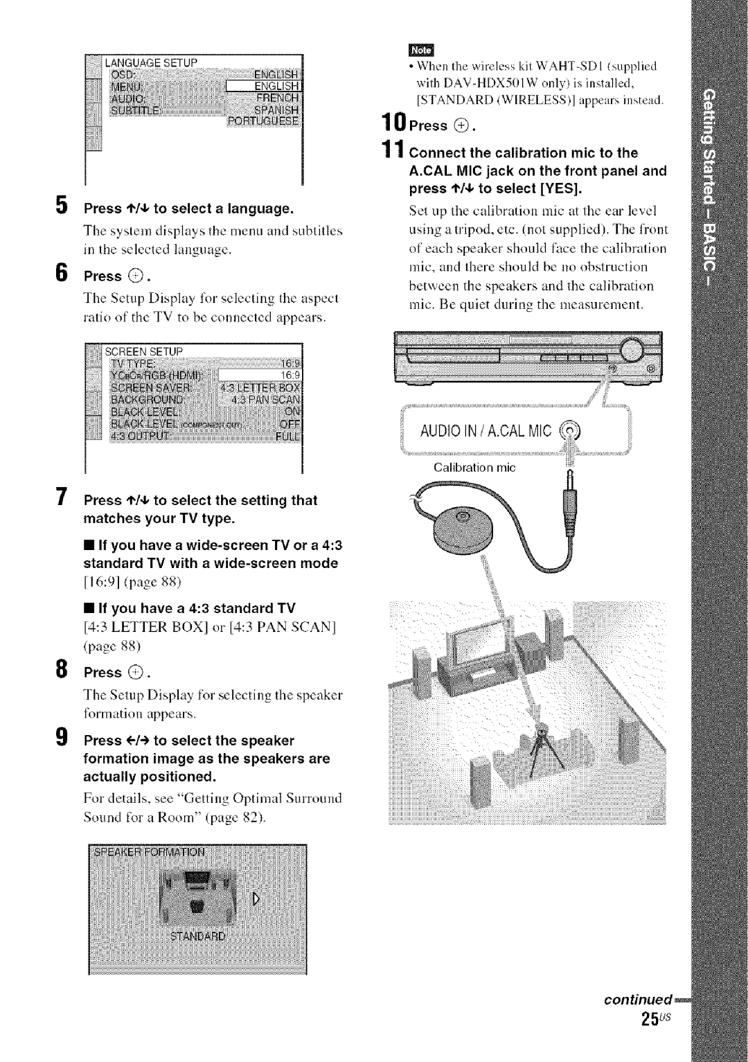 Sony DA V-HDX5OO operating instructions 25us, Press t/4, to select a language, Press @, Calibration mic 