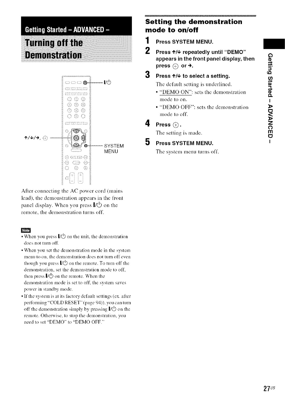 Sony DA V-HDX5OO Setting the demonstration mode to on/off, 27us, Press System MENU. The system menu turlis ofl 