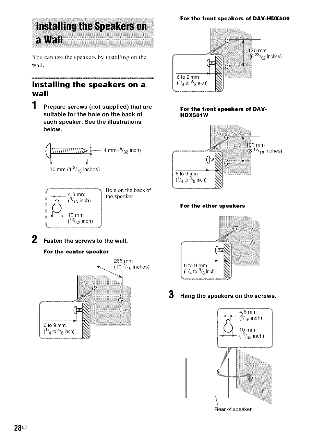 Sony DA V-HDX5OO Installing the speakers on a wall, You can use the speakers by installing o11the wall, 28us 