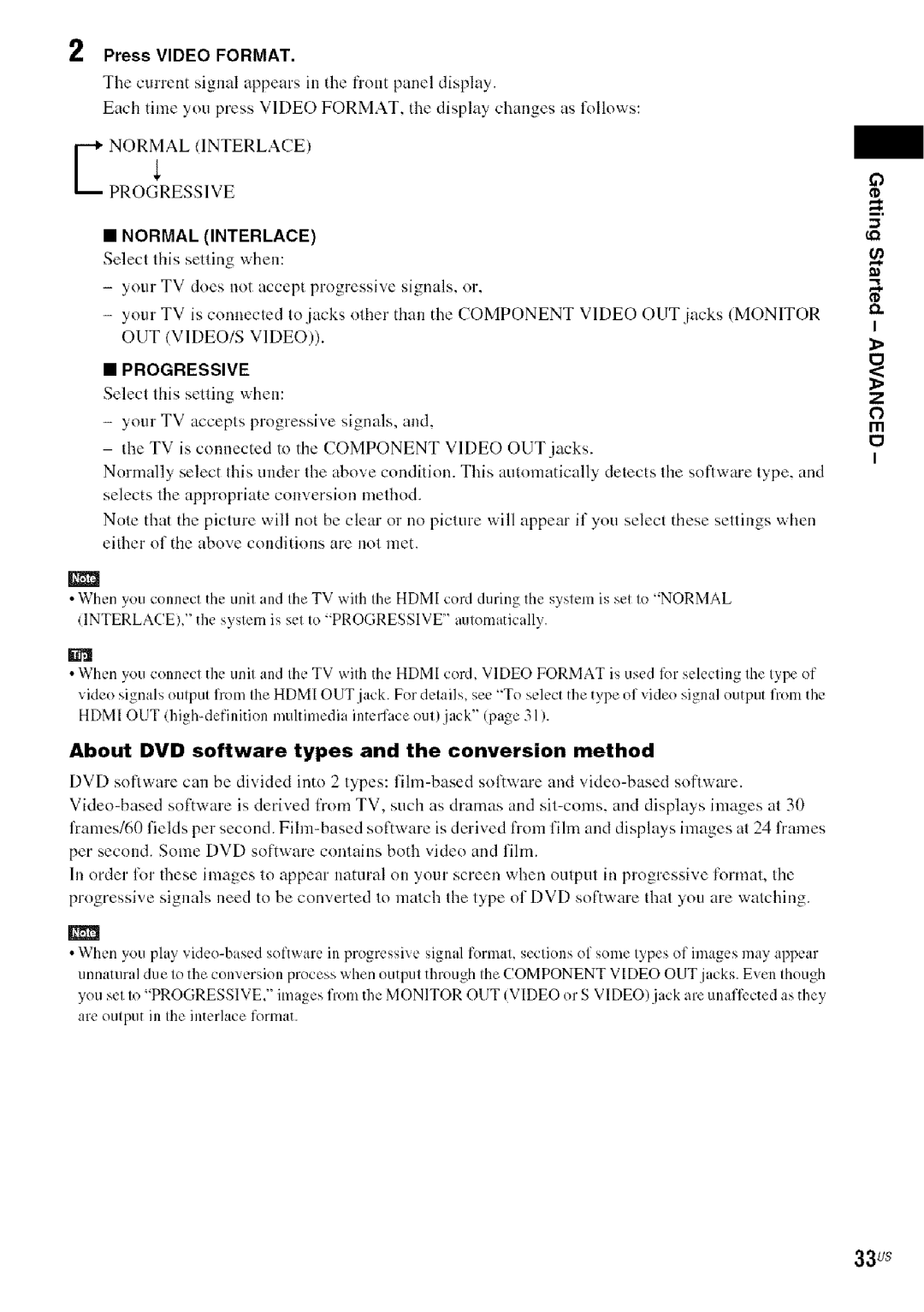 Sony DA V-HDX5OO operating instructions 33us, Press Video Format, About DVD software types and the conversion method, Ill 