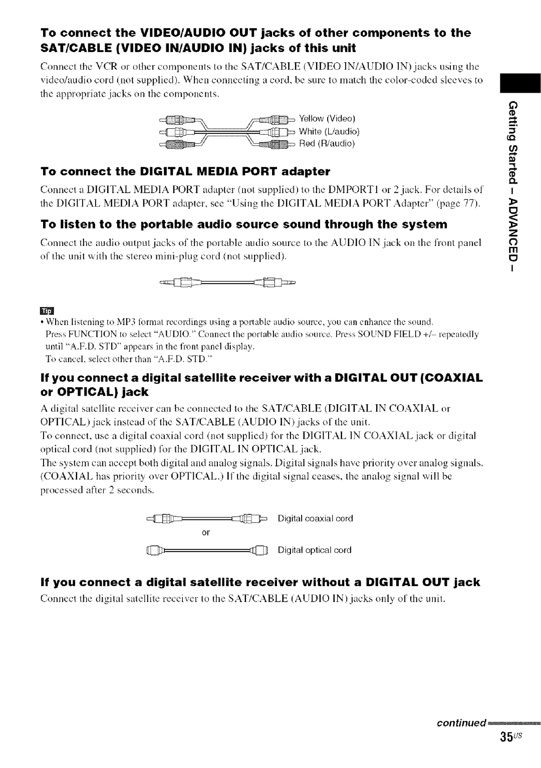 Sony DA V-HDX5OO operating instructions 35us, To connect the Digital Media Port adapter 