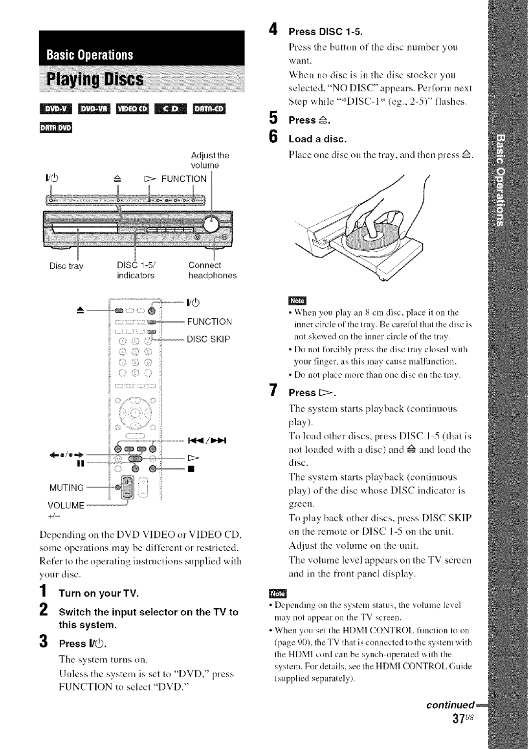 Sony DA V-HDX5OO operating instructions 37us, Press Disc, Press Load a disc, Press £ 