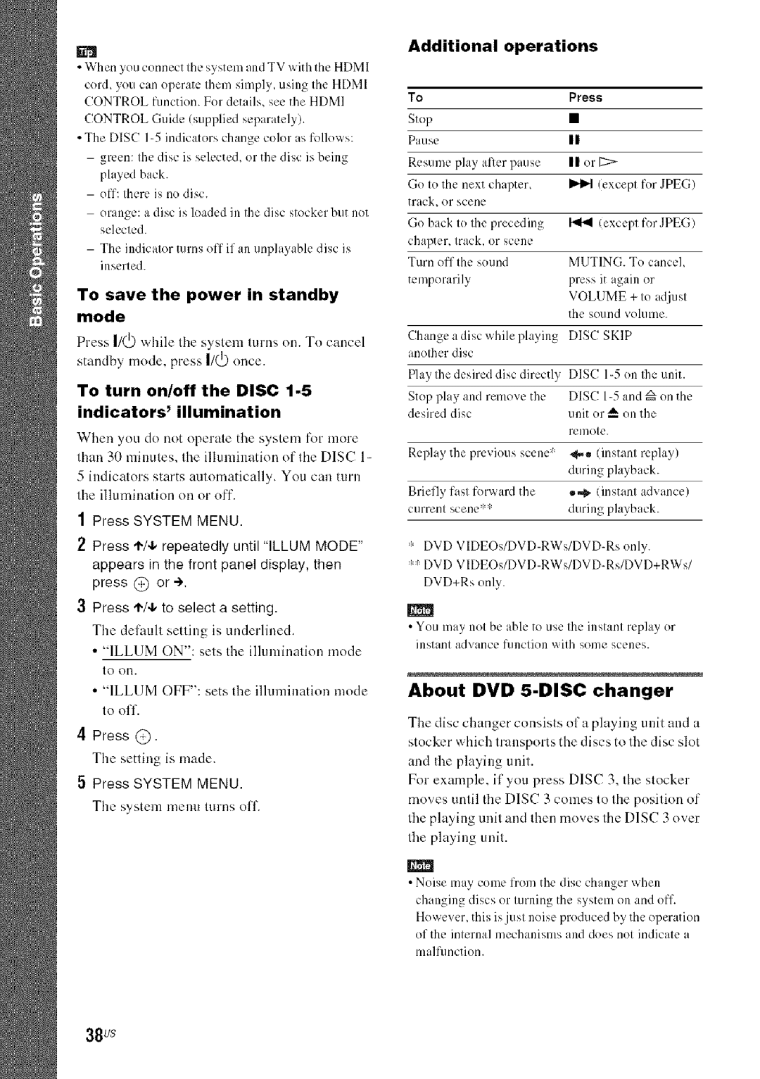 Sony DA V-HDX5OO About DVD 5-DISC changer, 38us, To turn on/off the Disc 1-5 indicators illumination, Example, if 