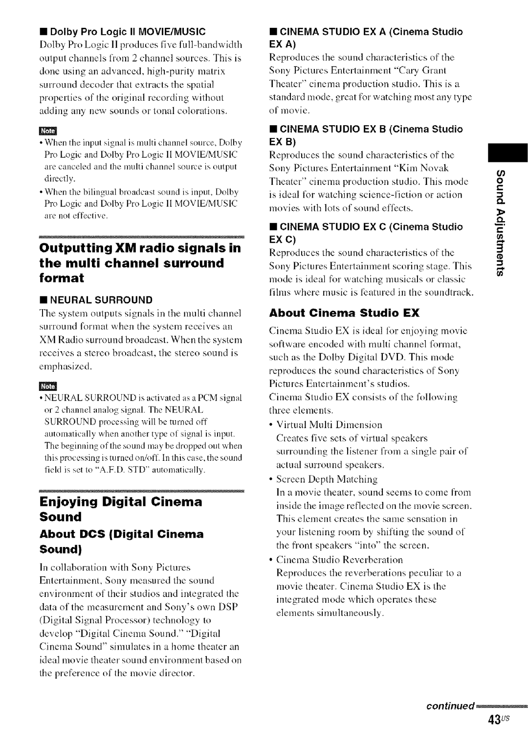 Sony DA V-HDX5OO operating instructions Enjoying Digital Cinema Sound, 43us, About Cinema Studio EX 