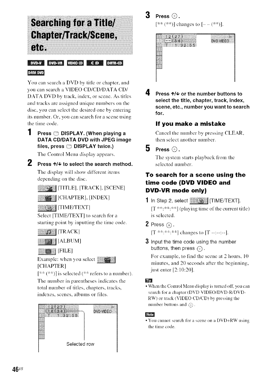 Sony DA V-HDX5OO operating instructions 46us, Changes to, Press ,I,/4, to select the search method, If you make a mistake 