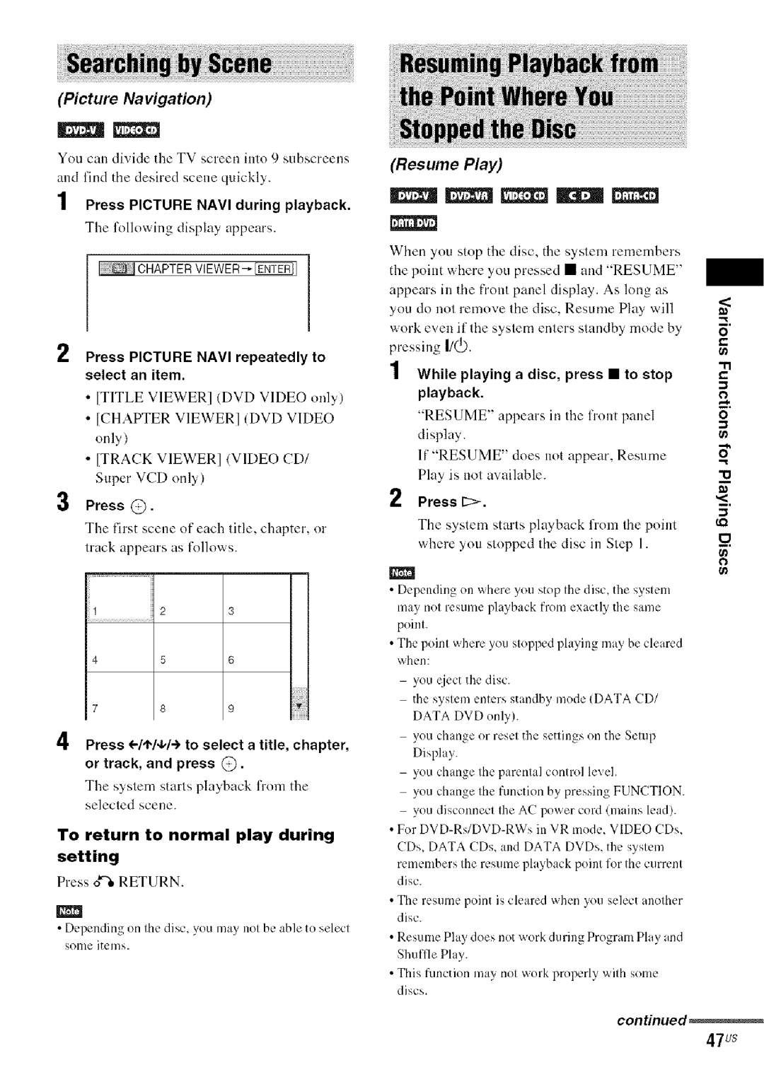 Sony DA V-HDX5OO operating instructions 47us, Press Picture Navi during playback, To return to normal play during setting 