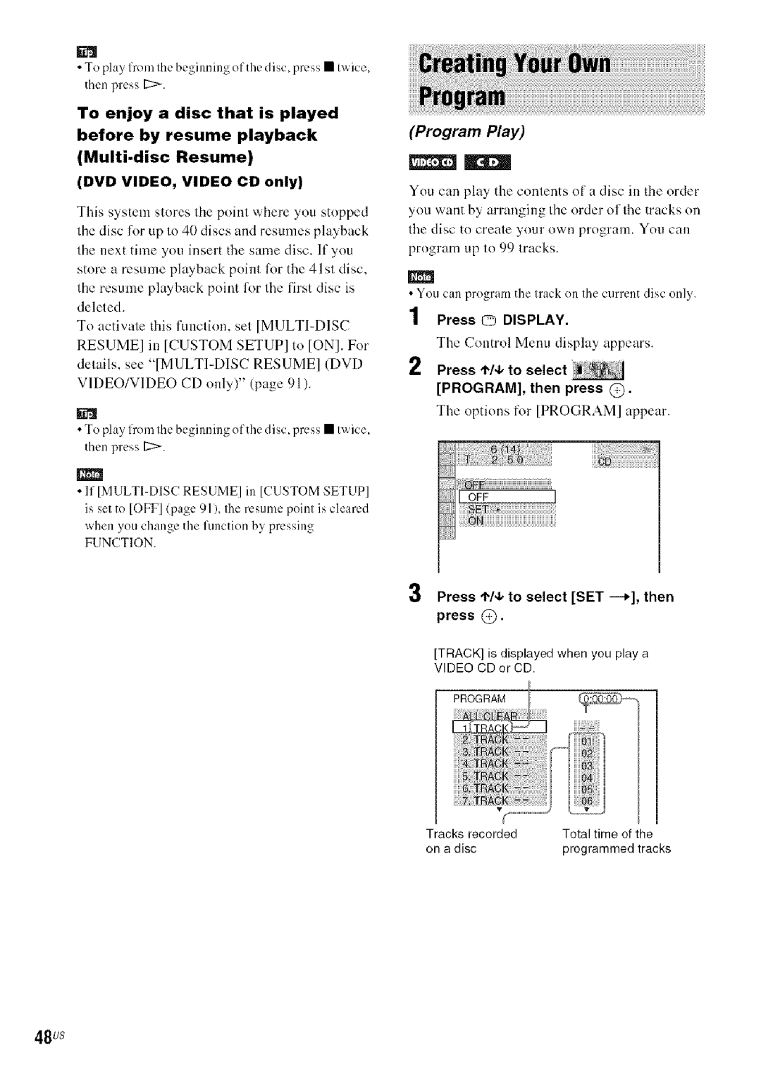 Sony DA V-HDX5OO operating instructions 48us, Press L Display, Press I/4,to se ect PROGRAM, then press @ 